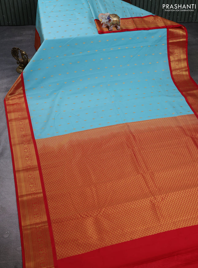 Semi kanchipuram silk saree teal blue and red with allover zari woven border and zari woven border