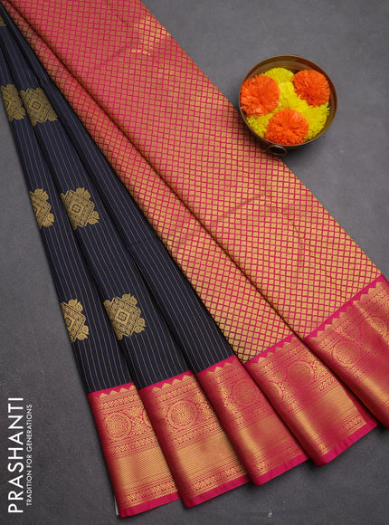 Semi kanchipuram silk saree navy blue and pink with zari woven buttas and zari woven border