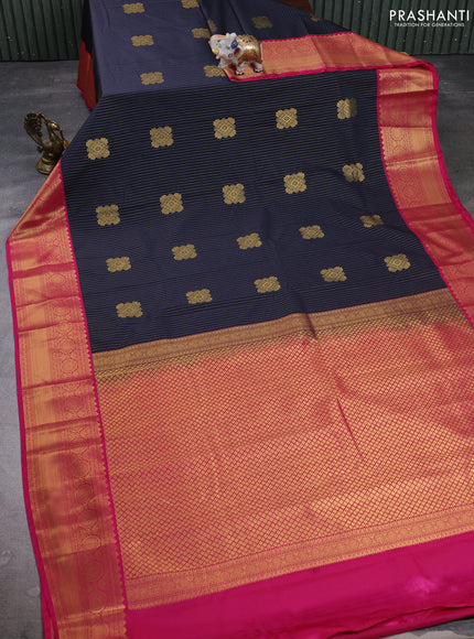 Semi kanchipuram silk saree navy blue and pink with zari woven buttas and zari woven border