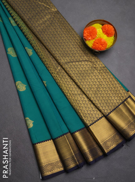 Semi kanchipuram silk saree green and navy blue with zari woven buttas and zari woven border
