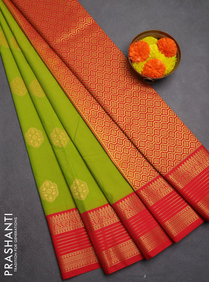 Semi kanchipuram silk saree light green and red with zari woven buttas and zari woven border