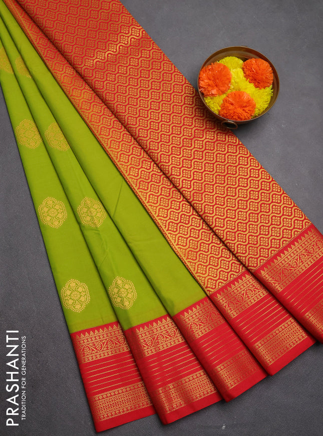 Semi kanchipuram silk saree light green and red with zari woven buttas and zari woven border