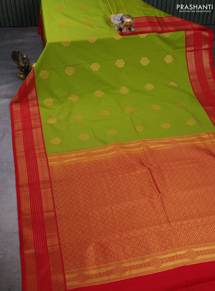 Semi kanchipuram silk saree light green and red with zari woven buttas and zari woven border