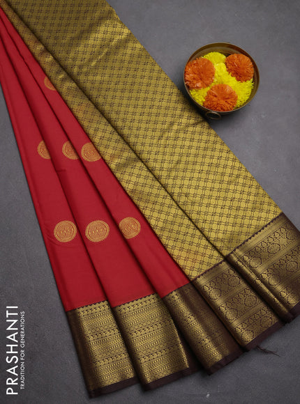 Semi kanchipuram silk saree red and coffee brown with zari woven buttas and zari woven border