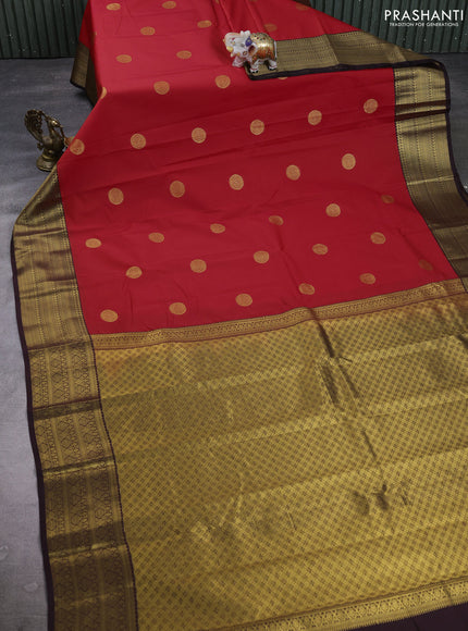 Semi kanchipuram silk saree red and coffee brown with zari woven buttas and zari woven border