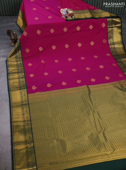 Semi kanchipuram silk saree pink and bottle green with zari woven buttas and zari woven korvai border