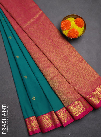 Semi kanchipuram silk saree green and pink with zari woven buttas and zari woven border