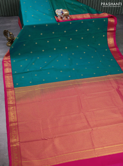 Semi kanchipuram silk saree green and pink with zari woven buttas and zari woven border