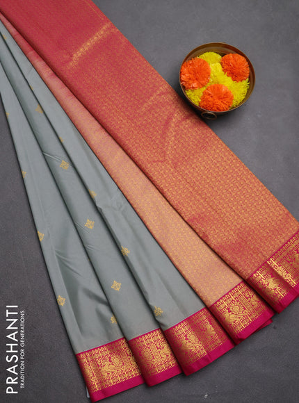 Semi kanchipuram silk saree grey and pink with zari woven buttas and zari woven border