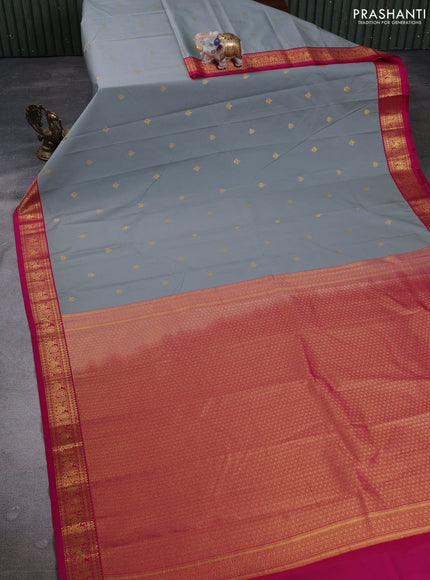 Semi kanchipuram silk saree grey and pink with zari woven buttas and zari woven border