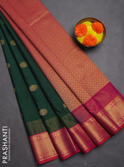 Semi kanchipuram silk saree bottle green and maroon with zari woven buttas and long zari woven korvai border