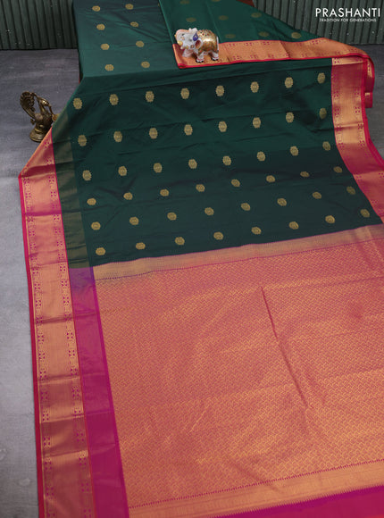 Semi kanchipuram silk saree bottle green and maroon with zari woven buttas and long zari woven korvai border