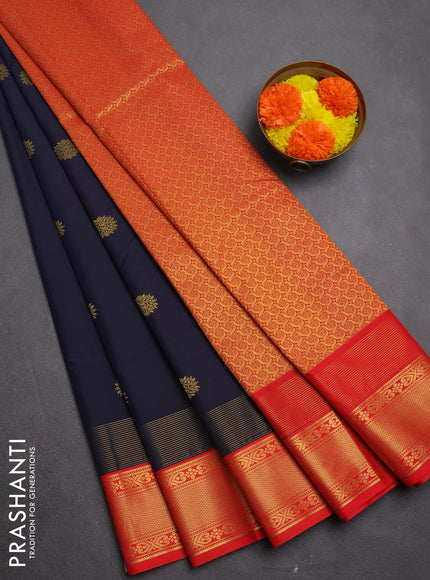Semi kanchipuram silk saree navy blue and red with zari woven buttas and long zari woven korvai border