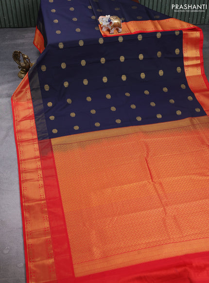 Semi kanchipuram silk saree navy blue and red with zari woven buttas and long zari woven korvai border
