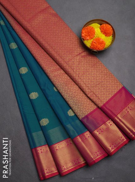 Semi kanchipuram silk saree peacock green and pink with zari woven buttas and long zari woven korvai border