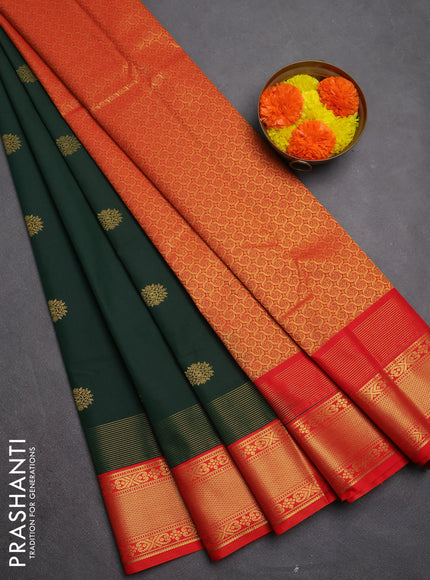 Semi kanchipuram silk saree bottle green and orange with zari woven buttas and long zari woven korvai border