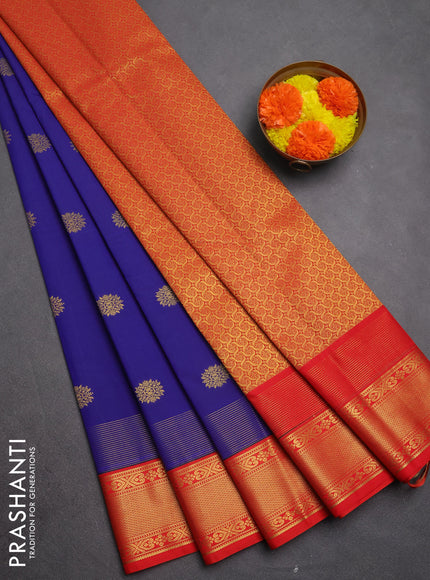 Semi kanchipuram silk saree royal blue and red with zari woven buttas and long zari woven korvai border