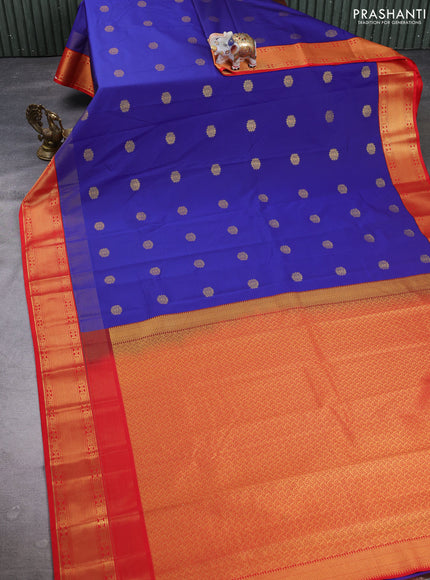 Semi kanchipuram silk saree royal blue and red with zari woven buttas and long zari woven korvai border