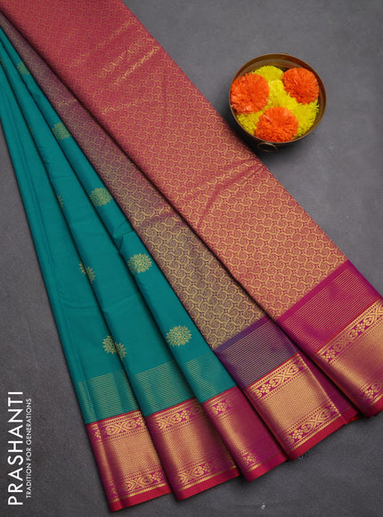 Semi kanchipuram silk saree green and pink with zari woven buttas and long zari woven korvai border