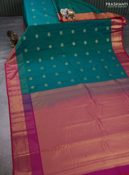 Semi kanchipuram silk saree green and pink with zari woven buttas and long zari woven korvai border