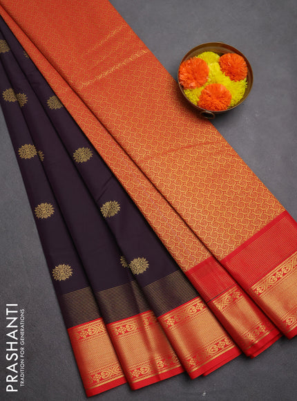 Semi kanchipuram silk saree coffee brown and red with zari woven buttas and long zari woven korvai border