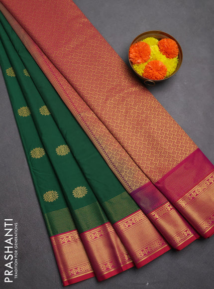 Semi kanchipuram silk saree green and pink with zari woven buttas and long zari woven korvai border