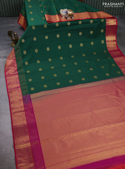 Semi kanchipuram silk saree green and pink with zari woven buttas and long zari woven korvai border