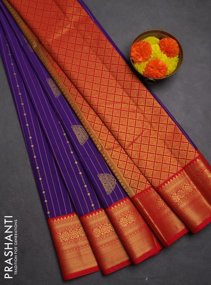 Semi kanchipuram silk saree violet and red with allover zari weaves & buttas and zari woven korvai border