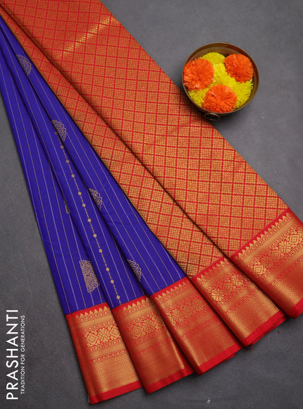 Semi kanchipuram silk saree blue and red with allover zari weaves & buttas and zari woven korvai border