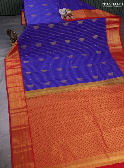 Semi kanchipuram silk saree blue and red with allover zari weaves & buttas and zari woven korvai border