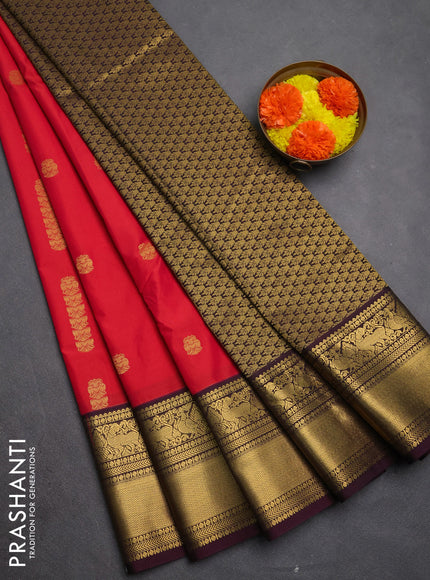 Semi kanchipuram silk saree tomato pink and deep maroon with zari woven buttas and long zari woven border