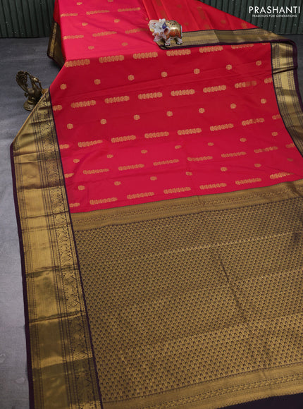 Semi kanchipuram silk saree tomato pink and deep maroon with zari woven buttas and long zari woven border