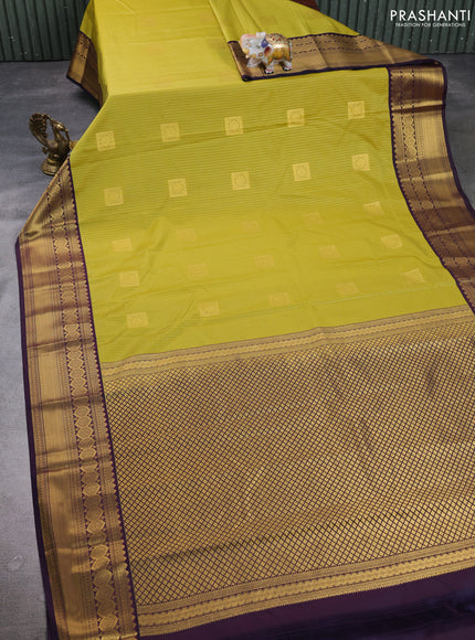 Semi kanchipuram silk saree lime green and deep purple with allover zari weaves & buttas and zari woven korvai border