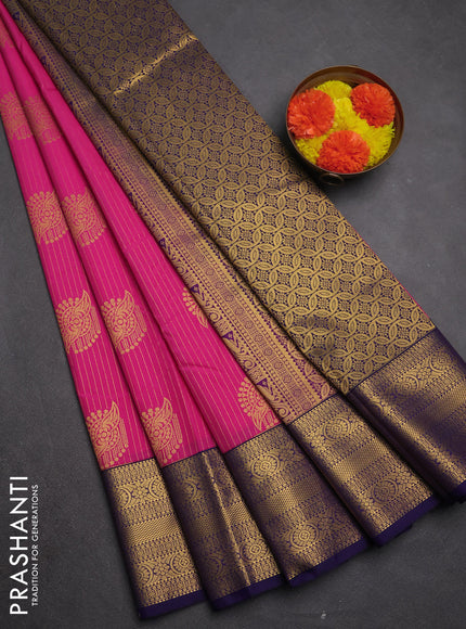 Semi kanchipuram silk saree pink and navy blue with allover zari weaves & buttas and zari woven border