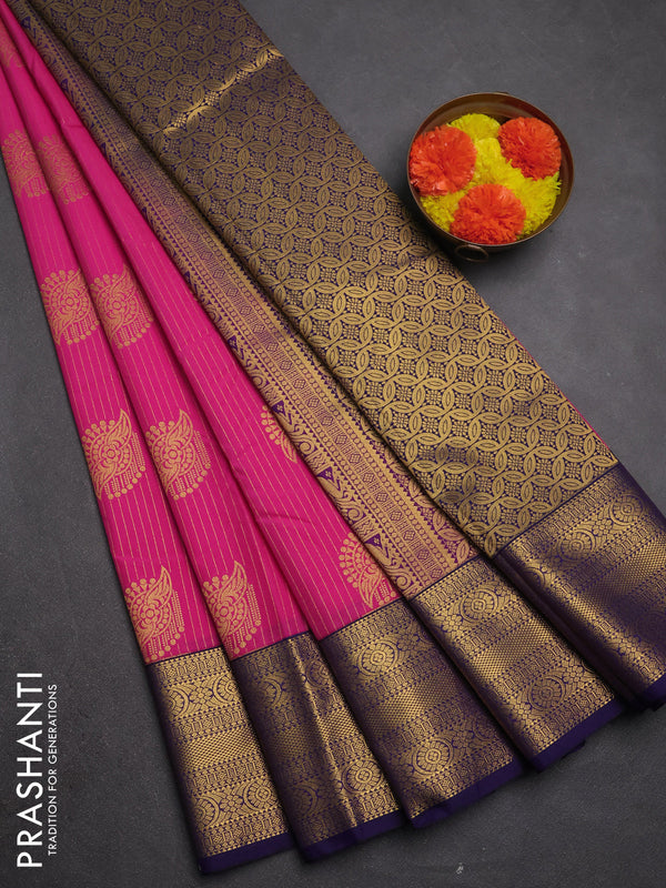 Semi kanchipuram silk saree pink and navy blue with allover zari weaves & buttas and zari woven border