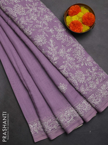 Khadi linen cotton saree lavender with embroidery buttas and kantha stitch work pallu & border