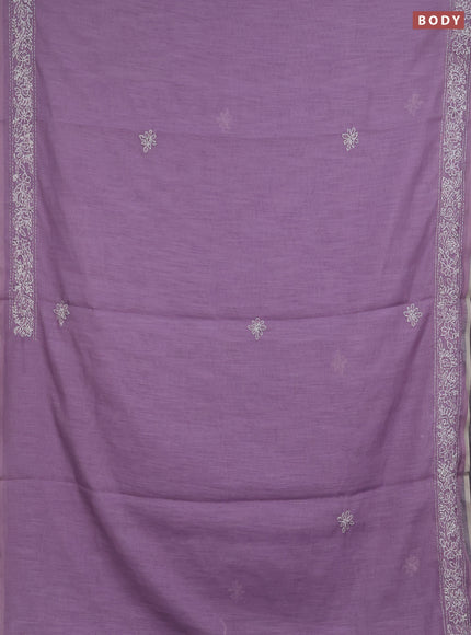 Khadi linen cotton saree lavender with embroidery buttas and kantha stitch work pallu & border