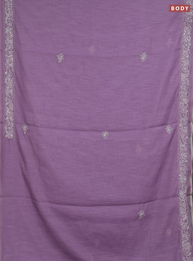Khadi linen cotton saree lavender with embroidery buttas and kantha stitch work pallu & border