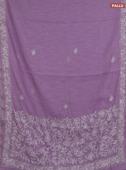 Khadi linen cotton saree lavender with embroidery buttas and kantha stitch work pallu & border