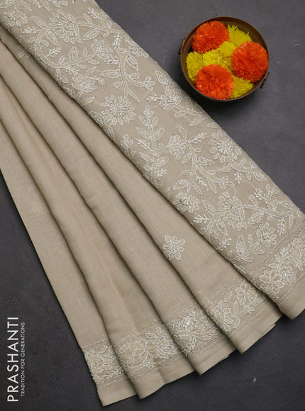 Khadi linen cotton saree beige with embroidery buttas and kantha stitch work pallu & border