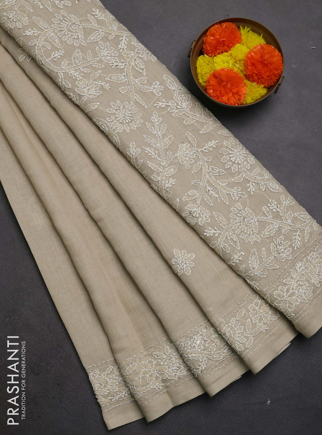 Khadi linen cotton saree beige with embroidery buttas and kantha stitch work pallu & border