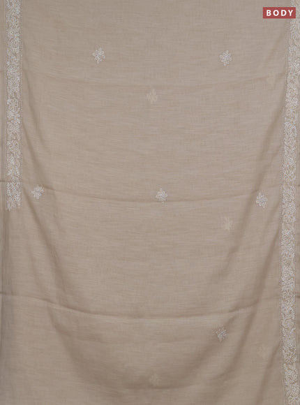 Khadi linen cotton saree beige with embroidery buttas and kantha stitch work pallu & border