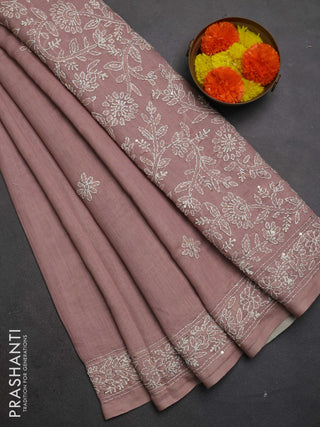 Khadi linen cotton saree pastel pink with embroidery buttas and kantha stitch work pallu & border