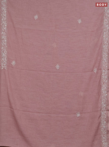 Khadi linen cotton saree pastel pink with embroidery buttas and kantha stitch work pallu & border