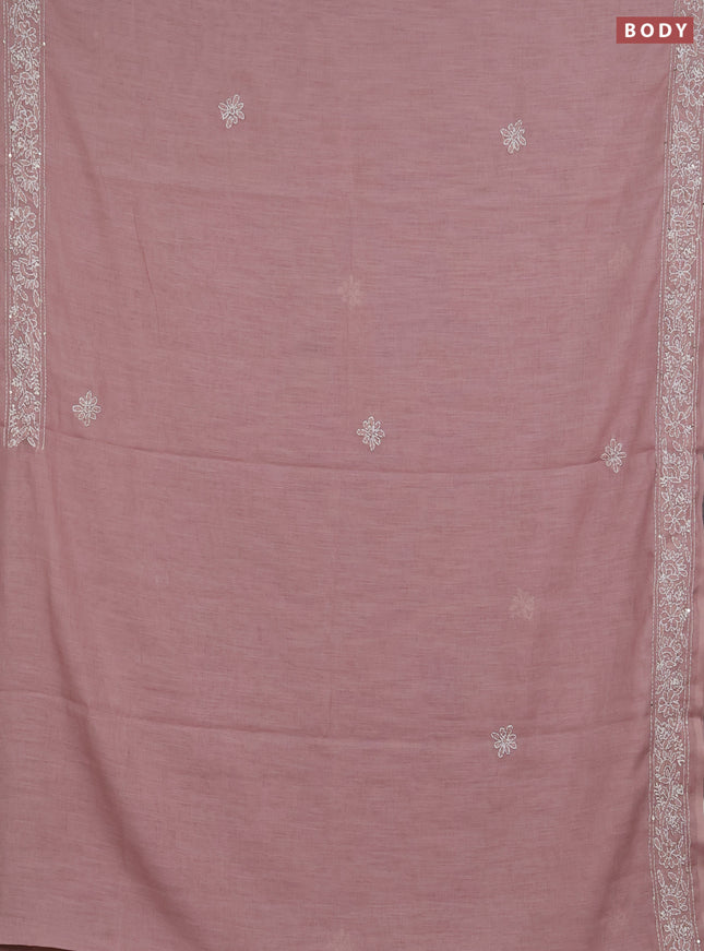 Khadi linen cotton saree pastel pink with embroidery buttas and kantha stitch work pallu & border