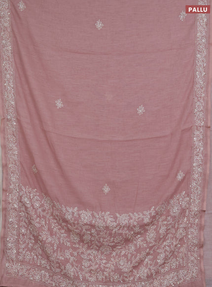 Khadi linen cotton saree pastel pink with embroidery buttas and kantha stitch work pallu & border