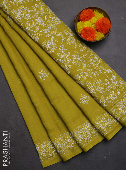 Khadi linen cotton saree lime green with embroidery buttas and kantha stitch work pallu & border