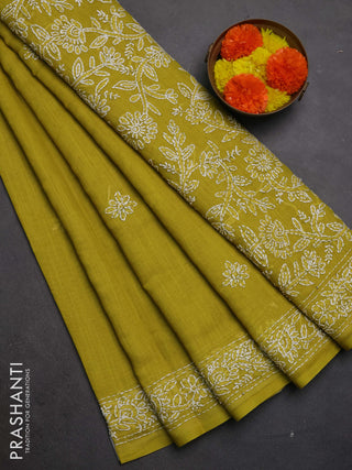 Khadi linen cotton saree lime green with embroidery buttas and kantha stitch work pallu & border