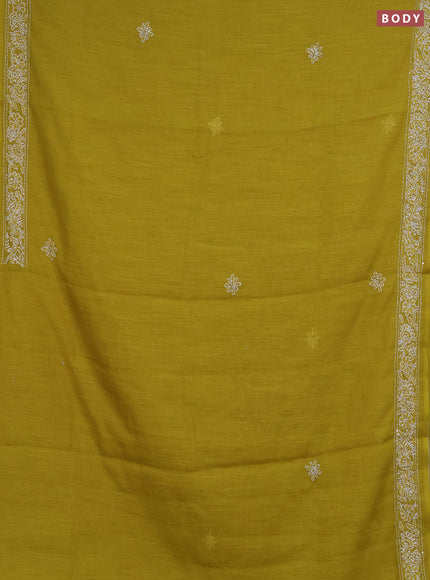 Khadi linen cotton saree lime green with embroidery buttas and kantha stitch work pallu & border