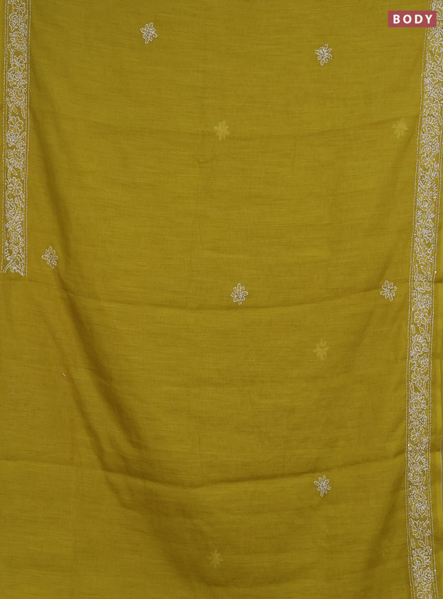 Khadi linen cotton saree lime green with embroidery buttas and kantha stitch work pallu & border